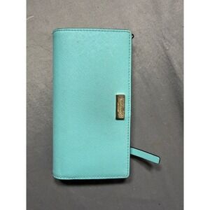 Kate Spade Teal Saffiano Leather Bifold Slim Continental Wallet Card Case Logo